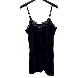 Victoria's Secret Women's vtg Navy Blue Lace Spaghetti Slip Dress Large gold tag